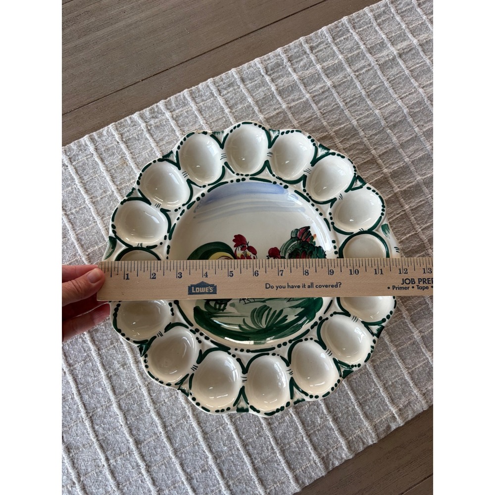 Vintage Deviled Egg Ceramic Plate Platter Rooster Hand Painted Italy 12" - Picture 3 of 4